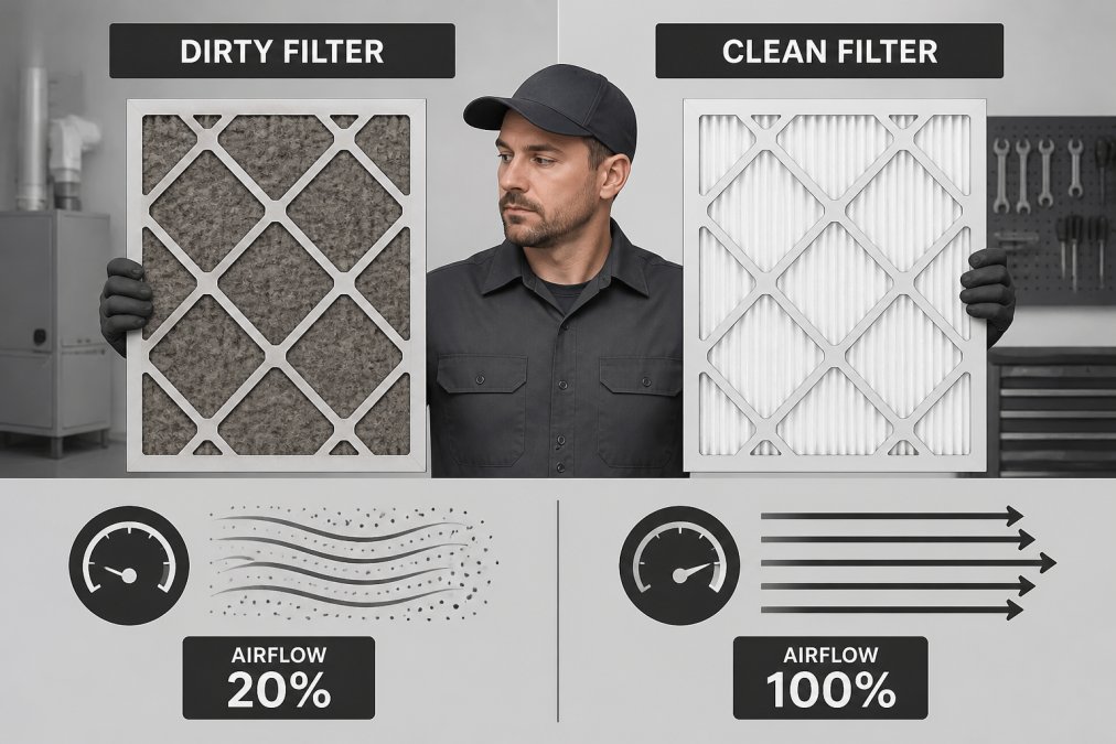 Professional HVAC technician holding a visibly dirty, dust-caked air filter next to a clean white filter side by side, showing the stark contrast in airflow restriction under bright workshop lighting