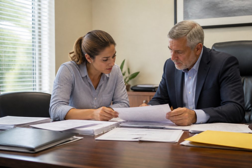 Business owner and accountant sitting across desk reviewing financial documents and laptop together, both focused on papers and screen with natural window lighting