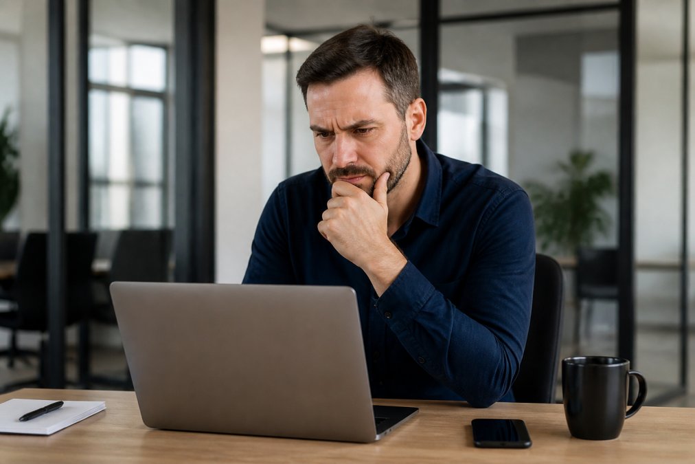 A frustrated business owner staring at a laptop screen showing a chat interface, furrowed brow, hand on chin, in a modern office setting with soft daylight
