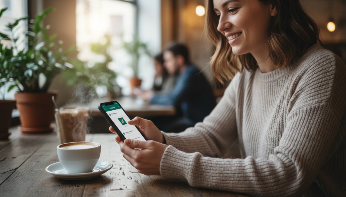 A smiling woman browsing a branded retail mobile app on her smartphone at a café table, a flat white coffee beside her, warm afternoon light through the window