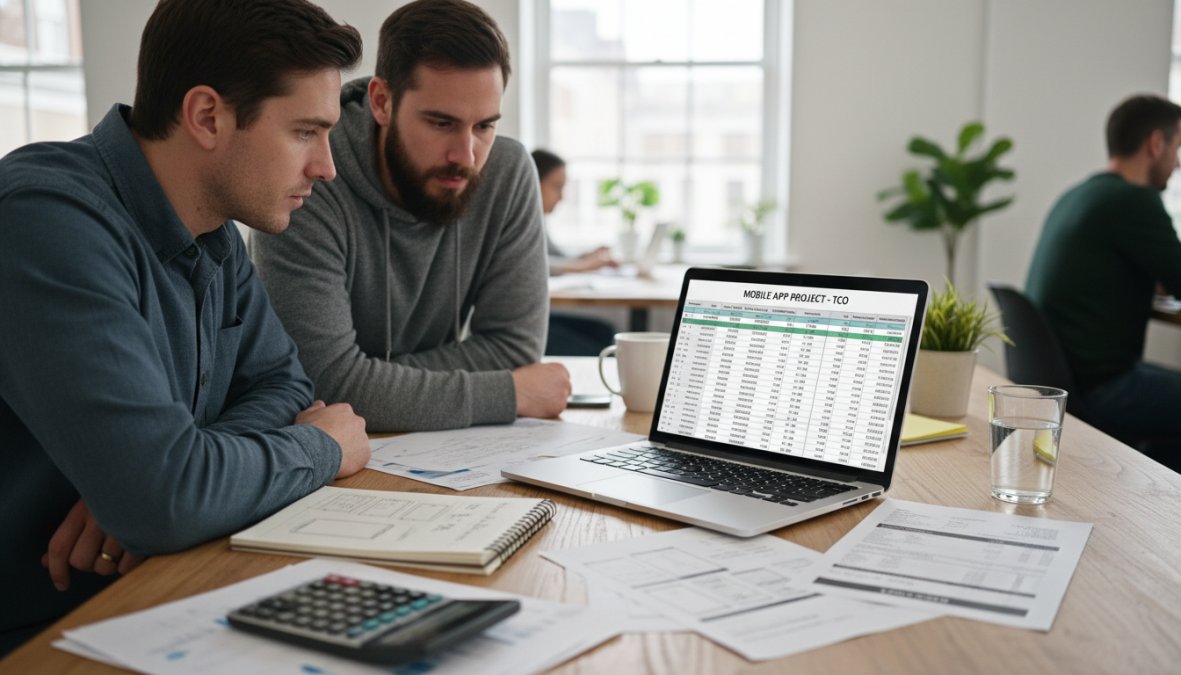 A small business owner and a developer reviewing a project budget on a laptop together at a shared desk in a bright co-working space, coffee cups nearby, natural daylight
