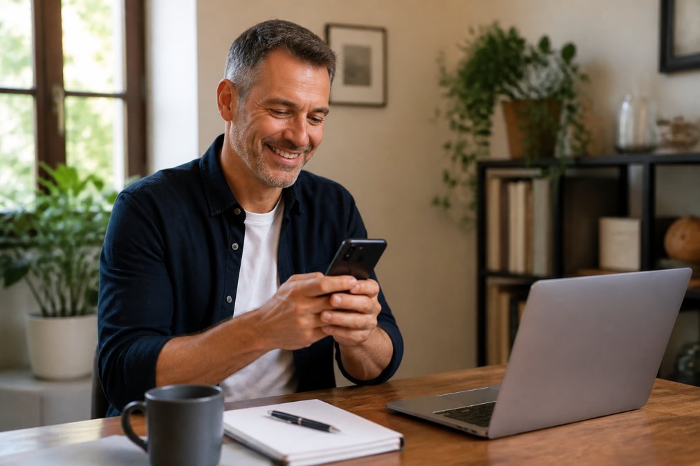 Small business owner smiling while checking sales on a mobile phone, with a laptop and coffee on the desk in a home office setting