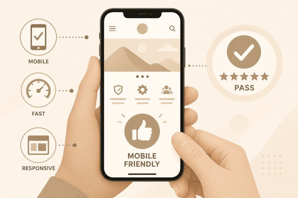 Close-up of hands holding a smartphone displaying a website with a thumbs-up icon visible on the screen, showing positive mobile-friendly feedback