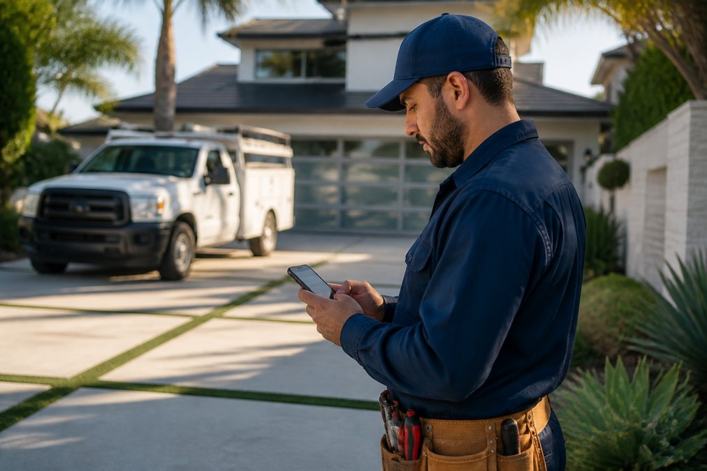 Field technician in work uniform standing at residential job site with service truck visible in background, holding smartphone displaying work order and real-time GPS map, morning sunlight casting shadows across the driveway