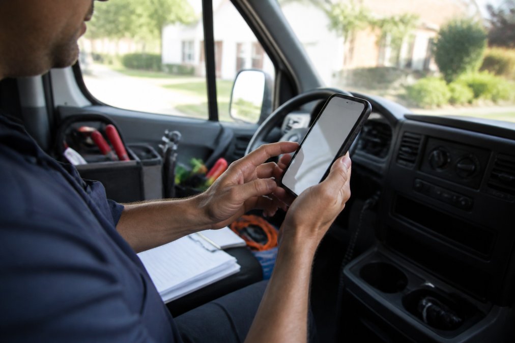 Close-up of technician's hands holding smartphone displaying digital invoice with payment confirmation screen visible, service vehicle interior with tools visible in background, afternoon natural light through windshield