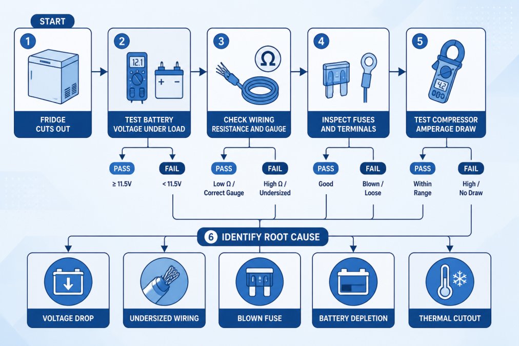 Diagnostic flowchart showing decision tree: Start (Fridge cuts out) → Test battery voltage under load → Check wiring resistance and gauge → Inspect fuses and terminals → Test compressor amperage draw → Identify root cause (voltage drop / undersized wiring / blown fuse / battery depletion / thermal cutout)