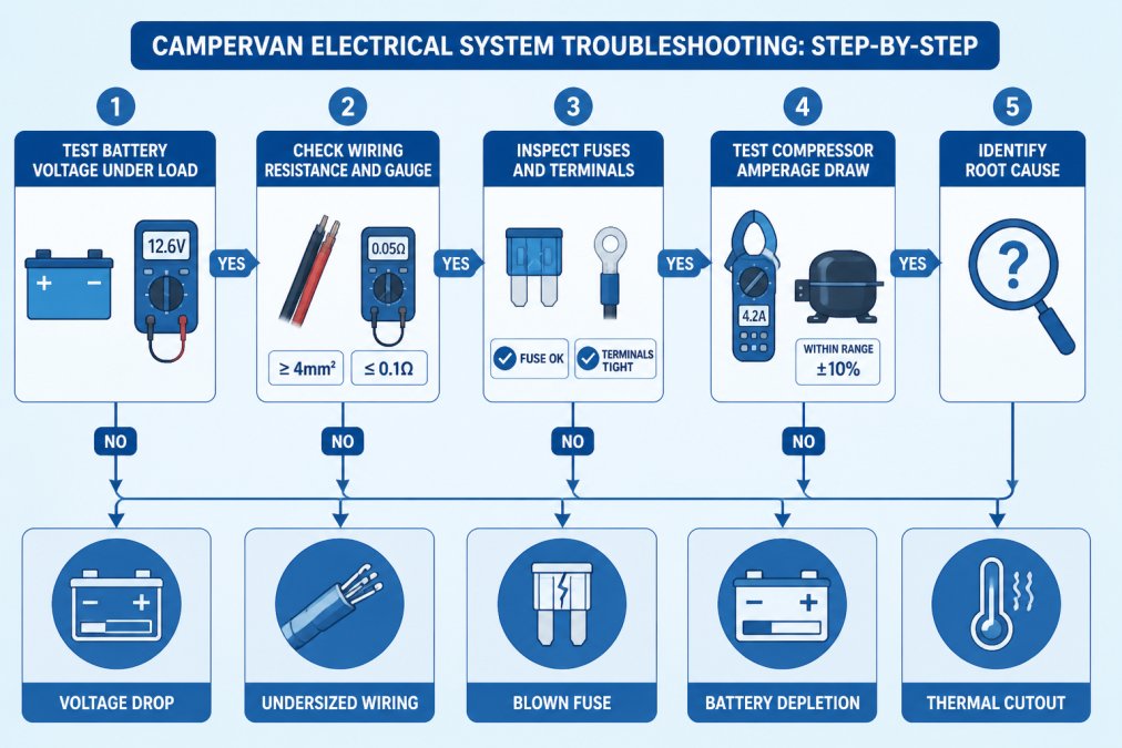 Process diagram showing steps for Diagnostic, Start, Fridge, Test for campervan fridge cuts out