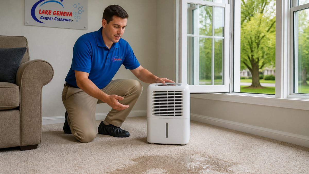 Professional demonstrating dehumidifier placement next to damp carpet with open windows showing proper ventilation technique in residential living room with natural light streaming through windows