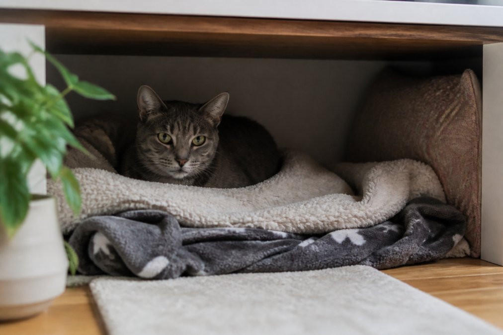 Diagram illustrating a cozy safe haven setup for a cat acting shy hiding in a quiet, cushioned home space.