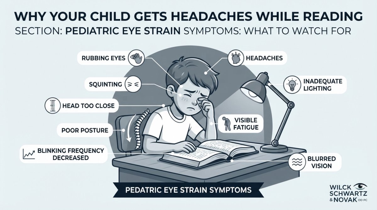 Child rubbing eyes while sitting at a desk with an open book, showing visible fatigue and discomfort with poor posture and inadequate lighting