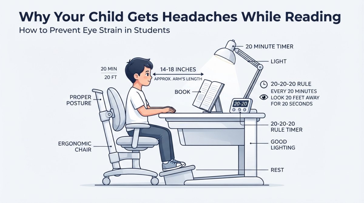 Child sitting at a well-lit desk with proper posture, good ergonomic setup, correct reading distance, and a timer visible for the 20-20-20 rule