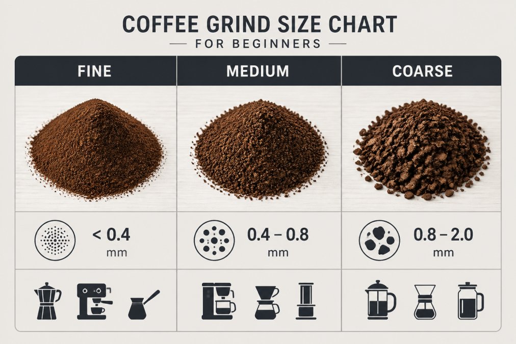 Close-up of three small piles of coffee grounds arranged side by side showing fine, medium, and coarse particle sizes with natural overhead lighting on a wooden surface