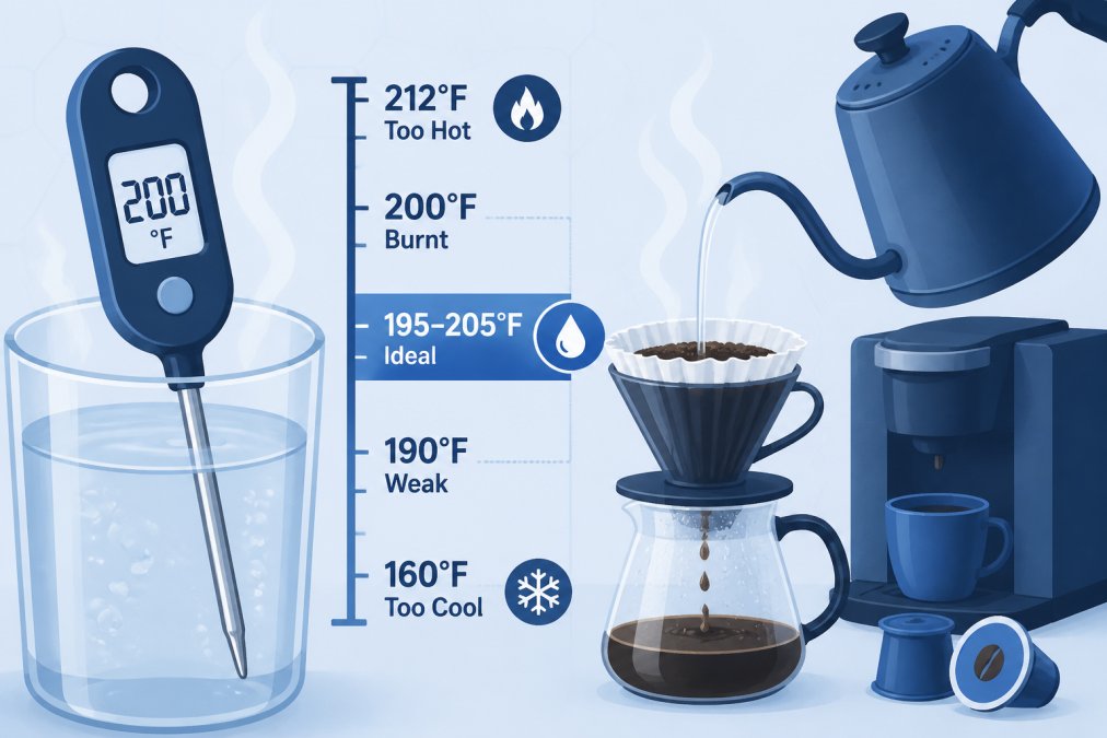 Close-up of a thermometer in hot water with a coffee maker and kettle in the background, showing steam rising as water is poured into coffee grounds