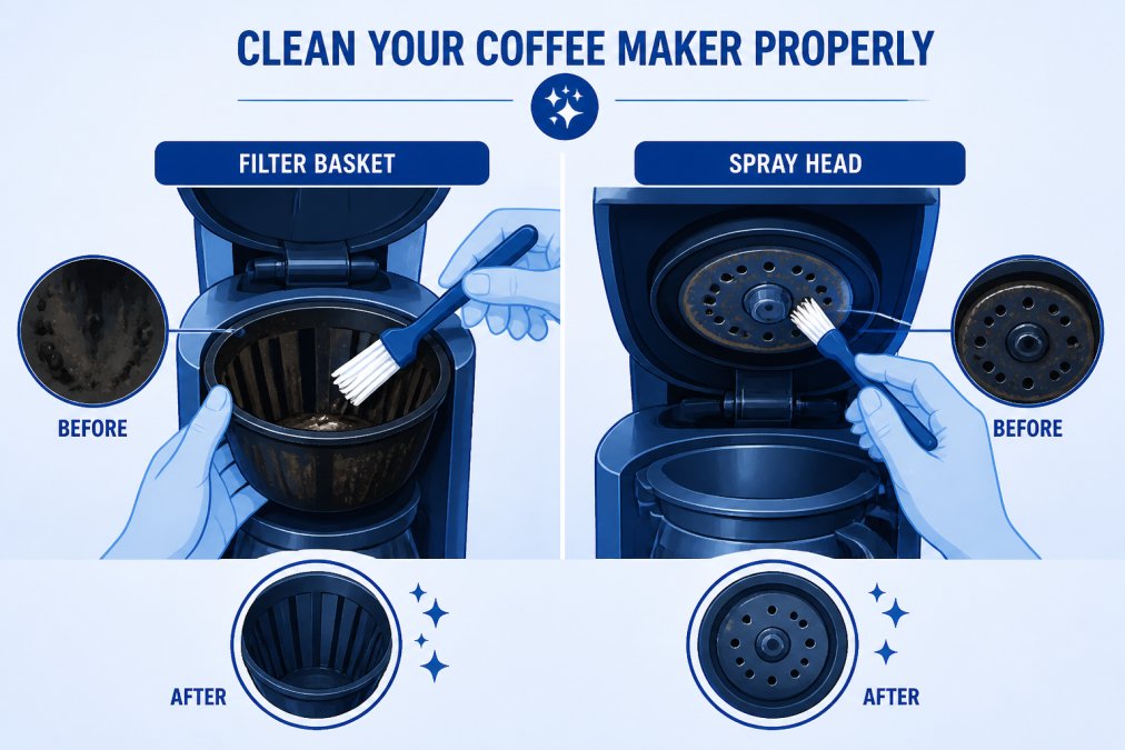 Hands cleaning the inside of a coffee maker with a brush, showing oil residue and buildup being removed from the filter basket and spray head