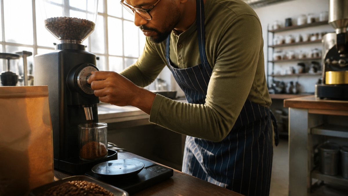 Hands adjusting a coffee grinder dial with whole beans and a digital scale on a countertop