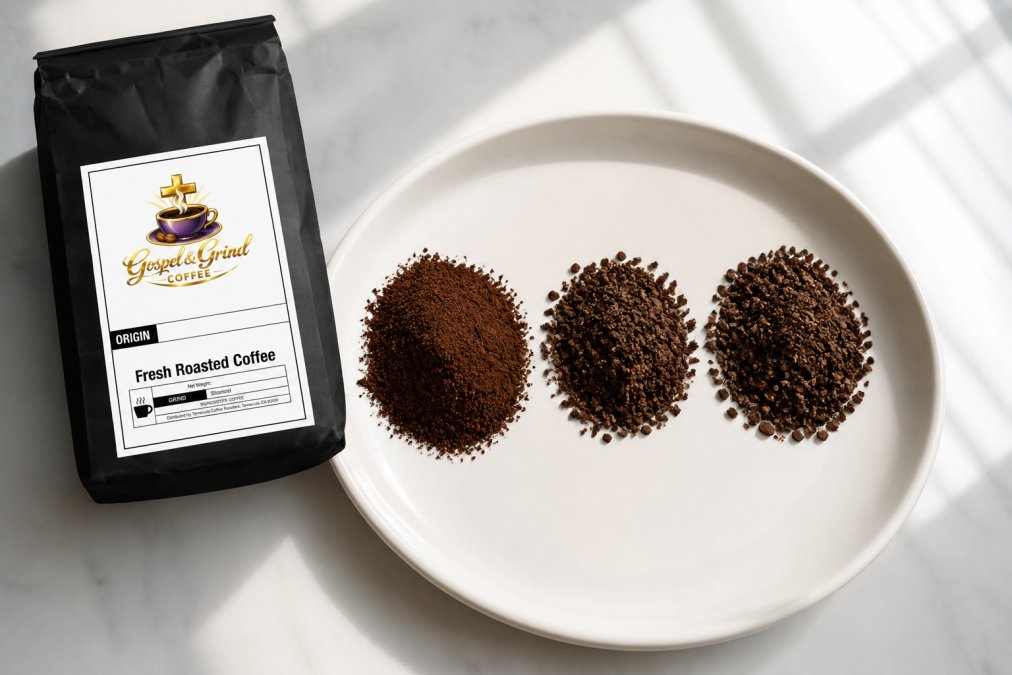 Close-up overhead view of coffee grounds in three distinct piles showing fine powder-like texture, medium granular texture, and coarse chunky texture on a white ceramic surface with natural window lighting