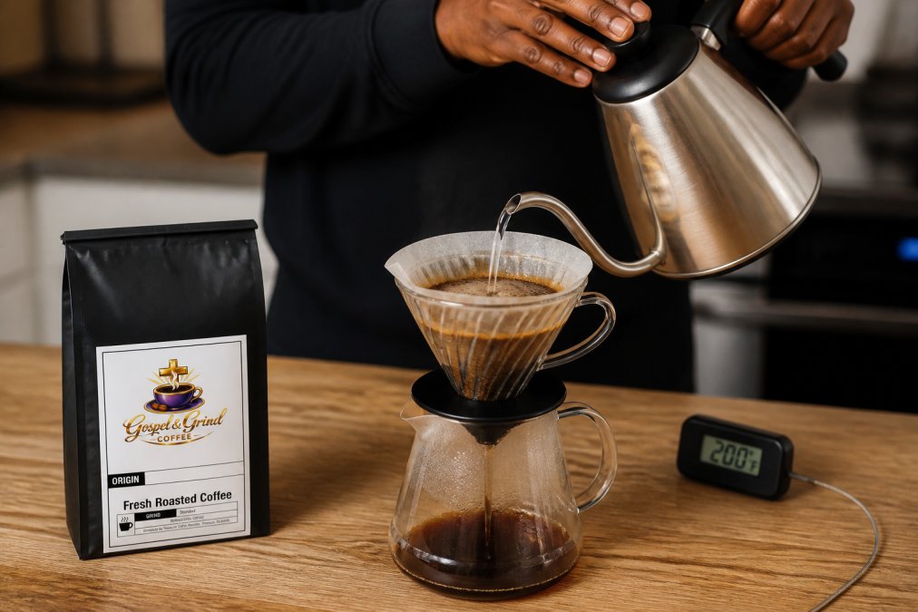Hands holding a gooseneck kettle pouring hot water in a steady circular motion into a pour-over dripper filled with medium-fine coffee grounds, with a digital thermometer showing 200°F visible on a wooden counter beside the setup