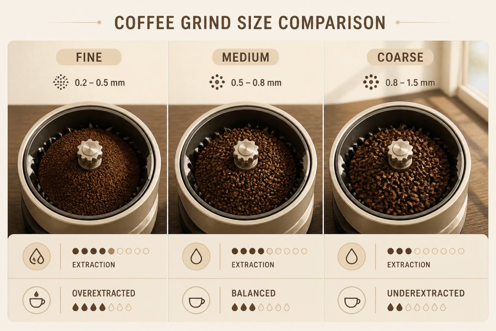 Close-up of coffee grounds in a burr grinder showing fine, medium, and coarse grind sizes arranged side by side on a dark wooden surface with natural window lighting