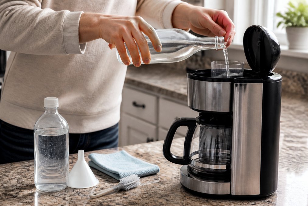 Hands pouring white vinegar solution into a coffee maker's water reservoir during descaling process, with descaling supplies visible on a kitchen counter in natural daylight