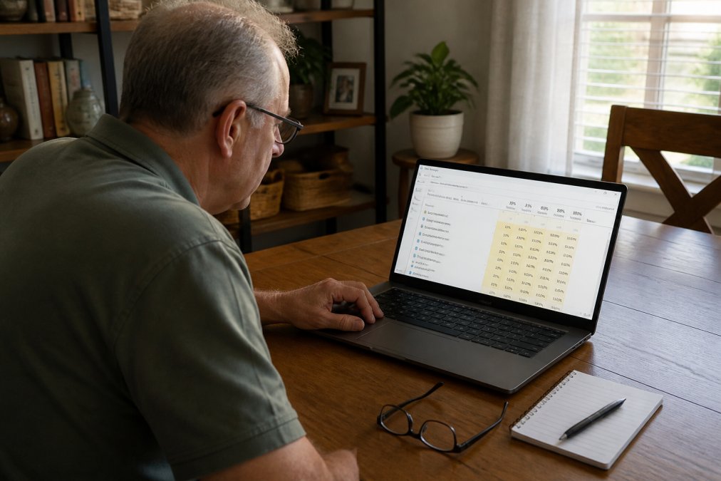 A senior man sitting at a home desk looking at a laptop screen showing Task Manager, with reading glasses and a notepad beside him, warm natural light