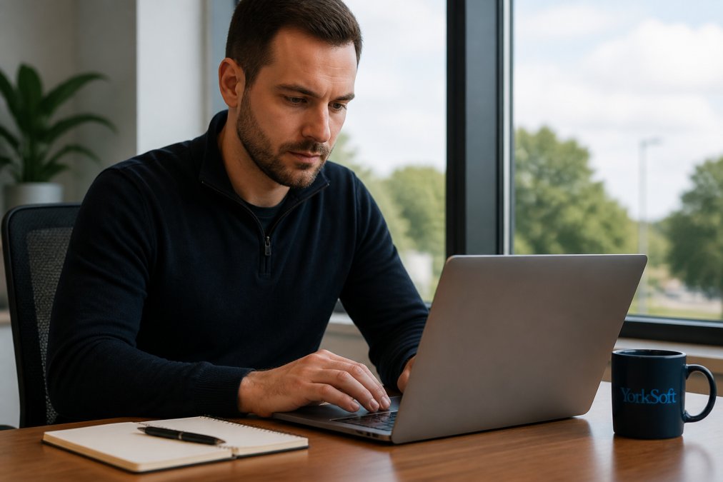 Professional developer sitting at desk reviewing performance metrics on laptop screen, with notepad and pen nearby, focused expression in modern office setting