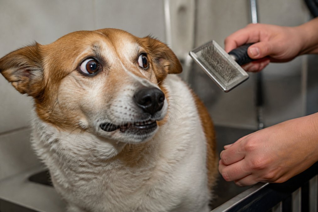 Close-up of a dog's face showing stress signals during grooming: ears pinned back, eyes wide and tense, mouth slightly open in a worried expression, with a person's hands holding a grooming brush nearby