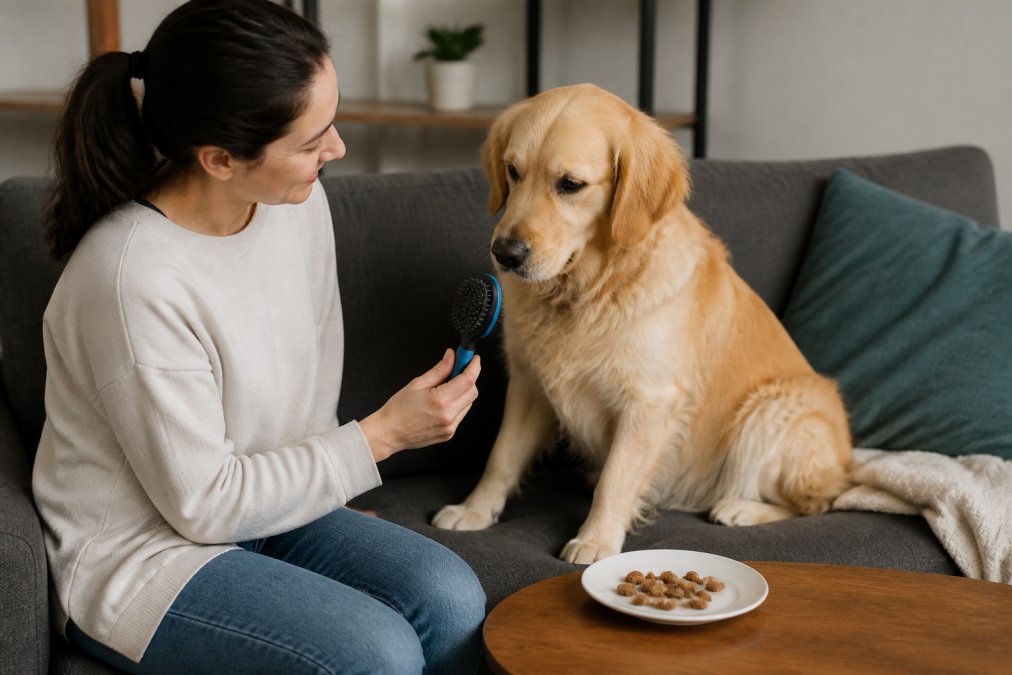 Dog owner gently introducing a soft grooming brush to a calm dog sitting on a couch, with treats visible on a small table beside them, showing positive interaction and natural lighting