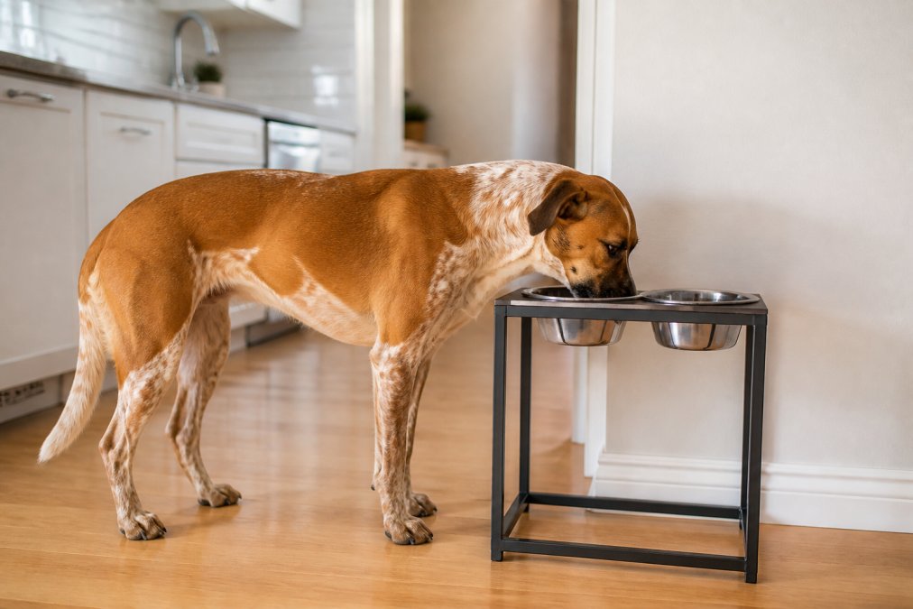 Medium-sized dog eating from an elevated feeder at chest height, showing proper posture and neck alignment during feeding in a bright home kitchen