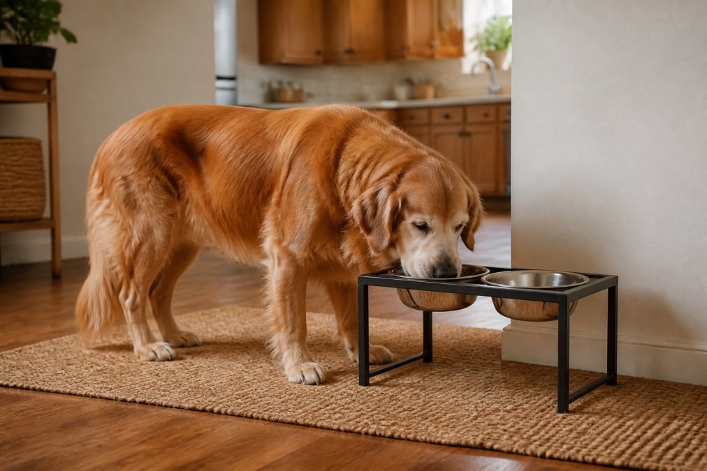 Senior dog with visible comfort while eating from a raised feeder, demonstrating reduced strain on joints and neck during feeding in warm home lighting