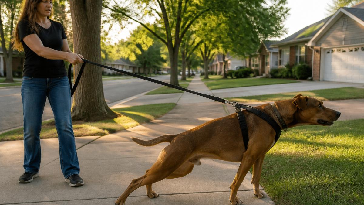 A medium-sized brown dog leaning forward on a taut nylon leash while its owner grips the handle with both hands on a quiet suburban sidewalk, late afternoon sunlight through street trees