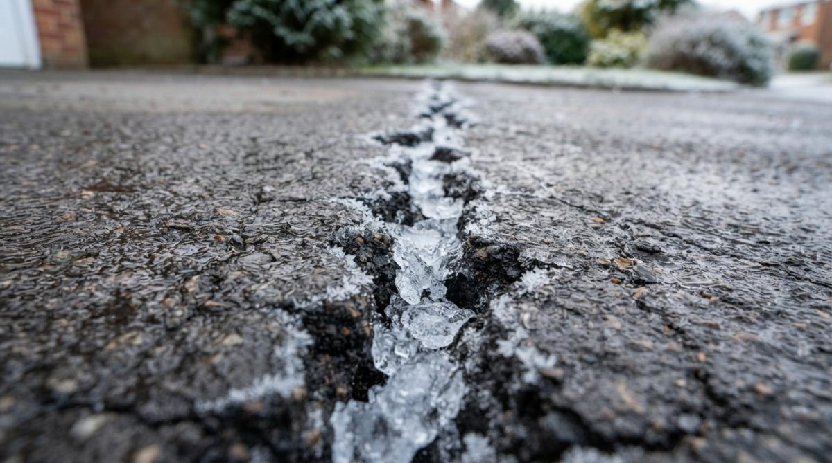 Close-up of visible cracks and frost heave damage on a concrete driveway surface during winter, with ice visible in the cracks and frost patterns