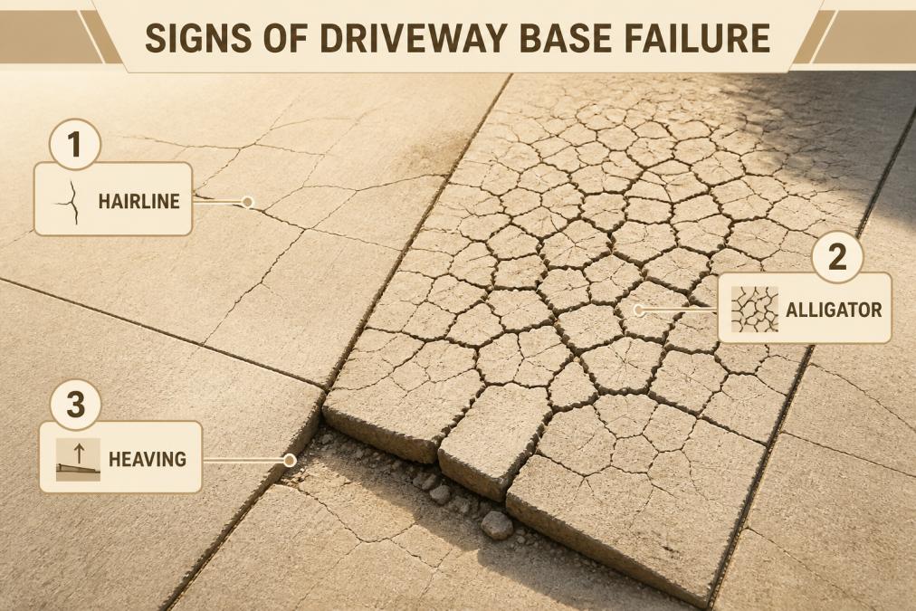 Close-up overhead view of a driveway surface showing multiple crack patterns including hairline cracks, alligator cracking, and sections with heaving, with sunlight casting shadows that highlight the severity of the damage