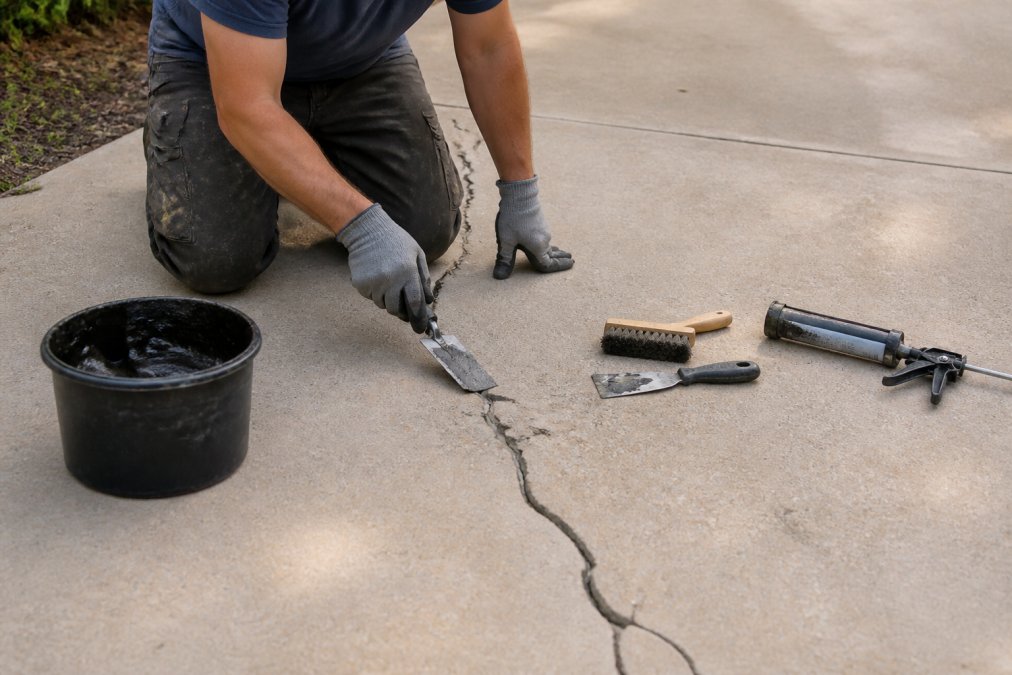 A contractor applying crack filler into a driveway crack using a trowel, with tools and materials visible nearby on the pavement surface, working in daylight