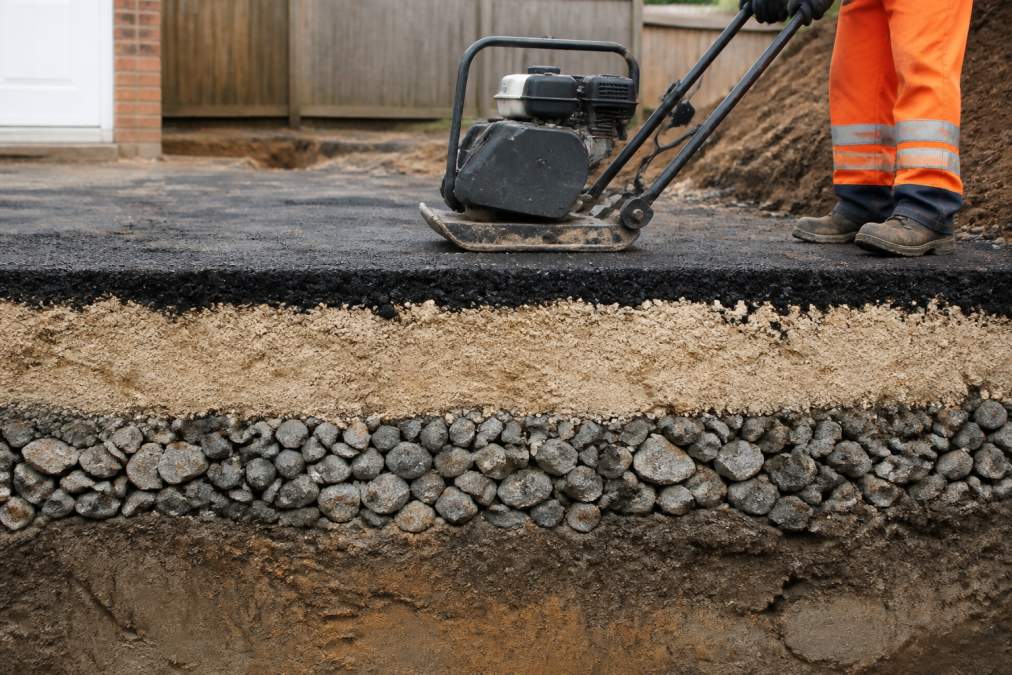 Cross-section illustration showing driveway layers during professional installation, top surface layer, middle compacted base material, drainage gravel layer, and solid soil foundation below, with a worker using a compacting tool