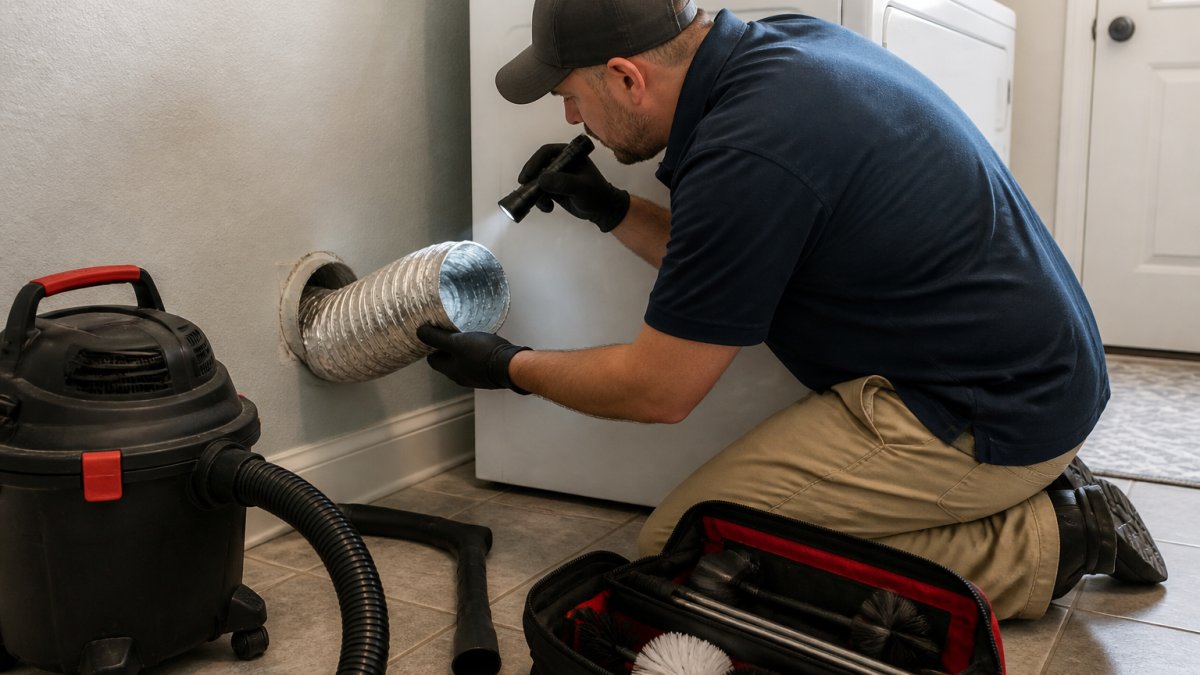 Technician inspecting a dryer vent with a flashlight because the dryer takes long to dry clothes.
