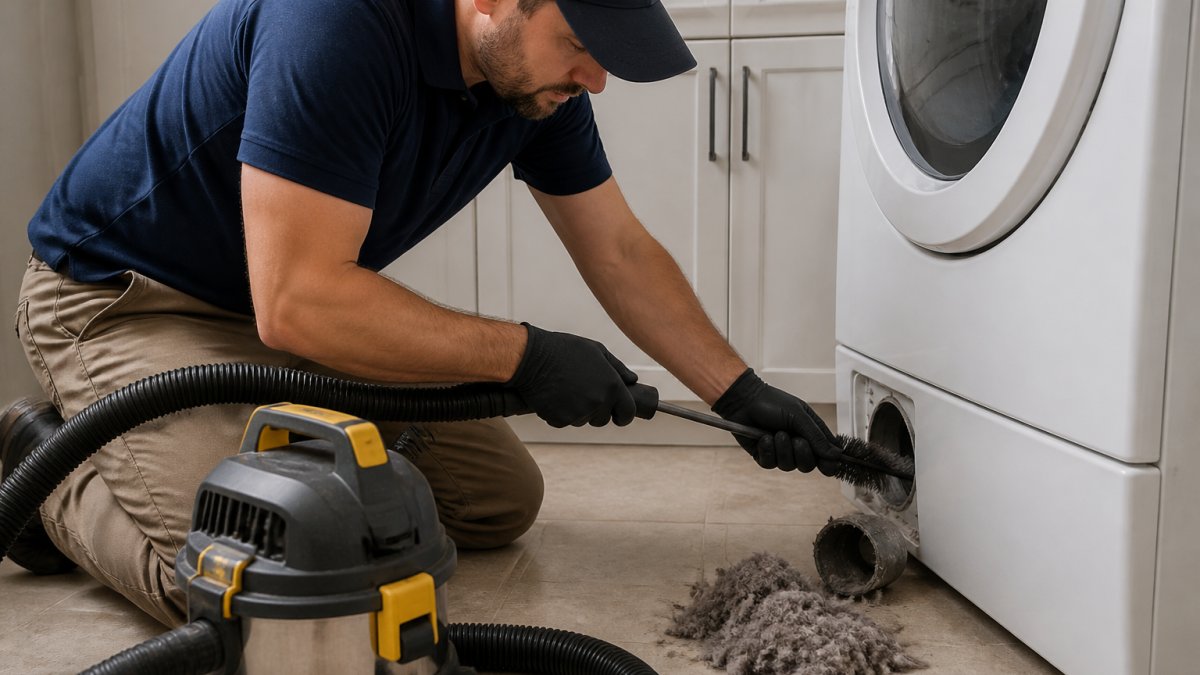 Professional using a flexible vent cleaning brush to remove lint from dryer duct, with vacuum hose positioned nearby to catch debris, in a home laundry room setting
