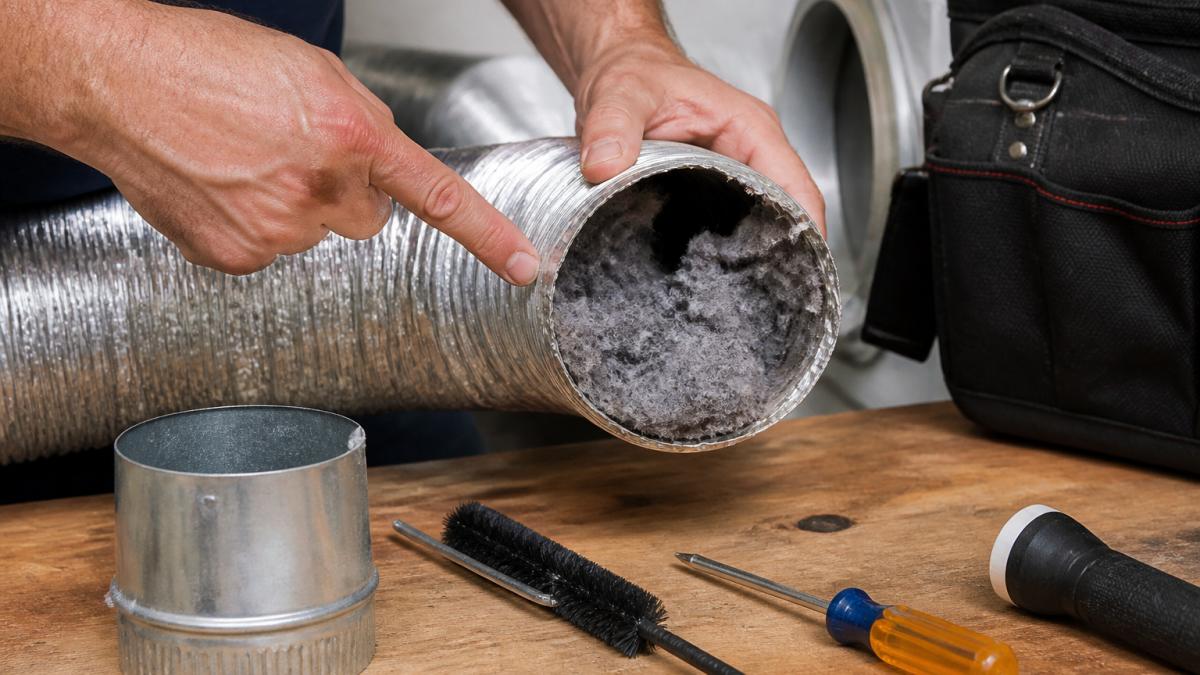 Close-up of dryer vent hose with visible lint accumulation blocking airflow, hands pointing to the restricted area