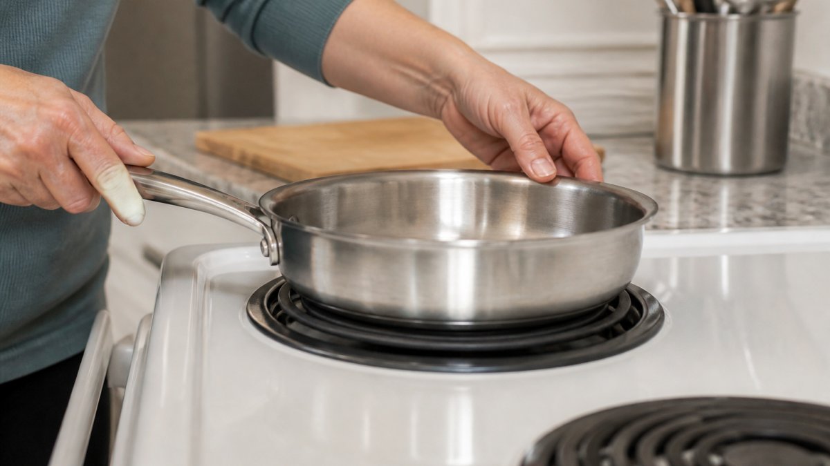 Close-up of a home cook's hands placing a flat-bottom stainless steel pan on an electric coil burner, with the coil visible and the pan sitting flush against the element in a bright kitchen