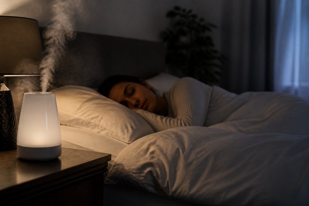 Person sleeping peacefully in a dimly lit bedroom with a humidifier visible on the nightstand emitting a soft mist, showing a comfortable sleep environment designed to prevent dry eyes