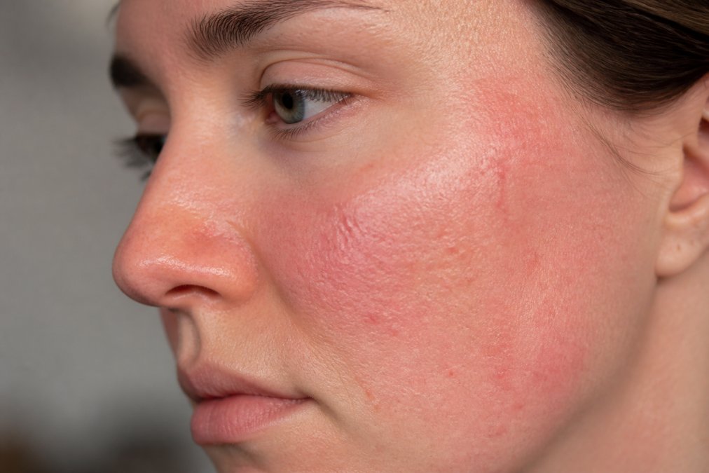 Close-up of a person's face showing visible redness, sensitivity, and irritated skin texture with natural lighting highlighting the reactive condition