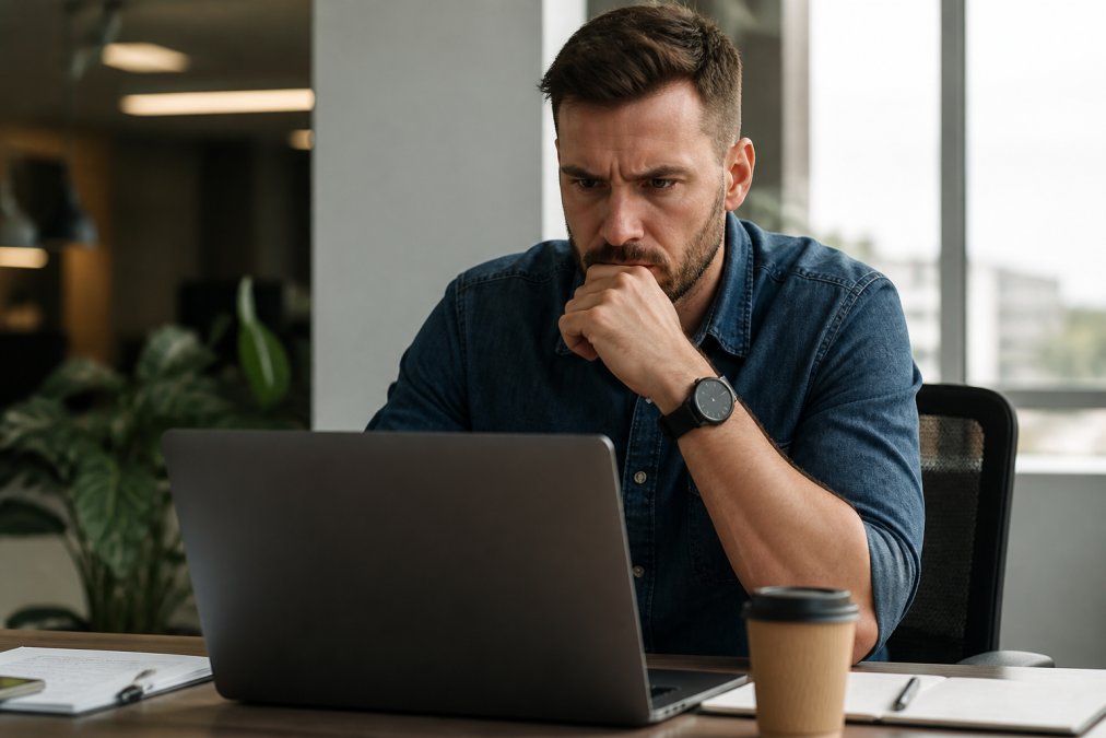 A marketing professional sitting at a desk in a modern office, staring at a laptop screen showing the Meta Ads Manager dashboard with a furrowed brow, coffee cup nearby, soft afternoon window light