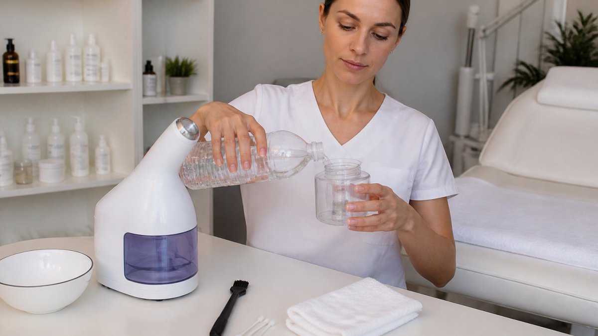 Professional demonstrating proper facial steamer water tank filling technique with distilled water bottle in clinical treatment room setting