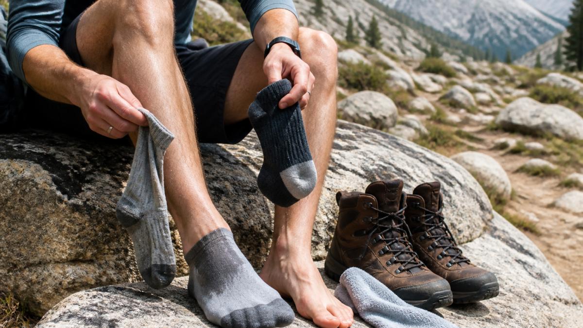 A hiker sitting on a granite boulder beside a mountain trail, pulling off a damp sock and holding a fresh dry sock, hiking boots and a small towel on the rock next to them