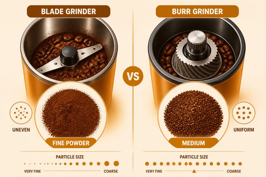 Close-up of two different coffee grinders side by side with ground coffee samples showing distinct particle size differences, fine powder from blade grinder, uniform medium particles from burr grinder, under bright natural light