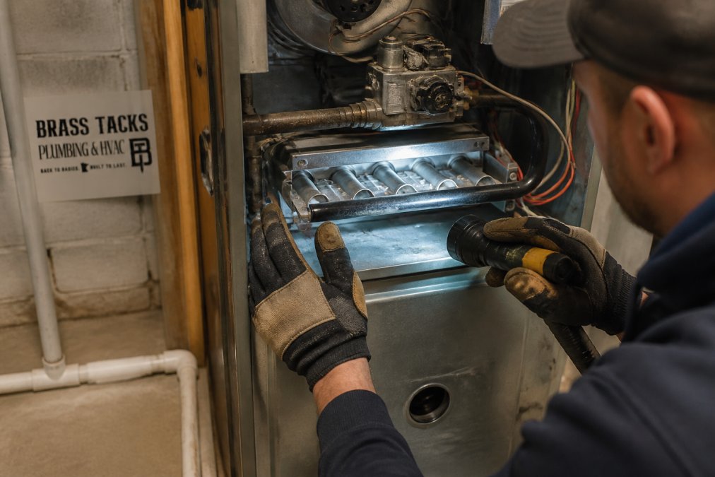 A close-up of a homeowner's hands wearing work gloves, inspecting the burner assembly of a residential gas furnace with a flashlight in a clean basement utility room