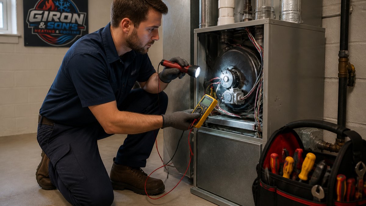 A technician in uniform kneeling beside an open residential furnace, using a multimeter and flashlight to inspect the blower motor and ignition system in a clean basement utility room