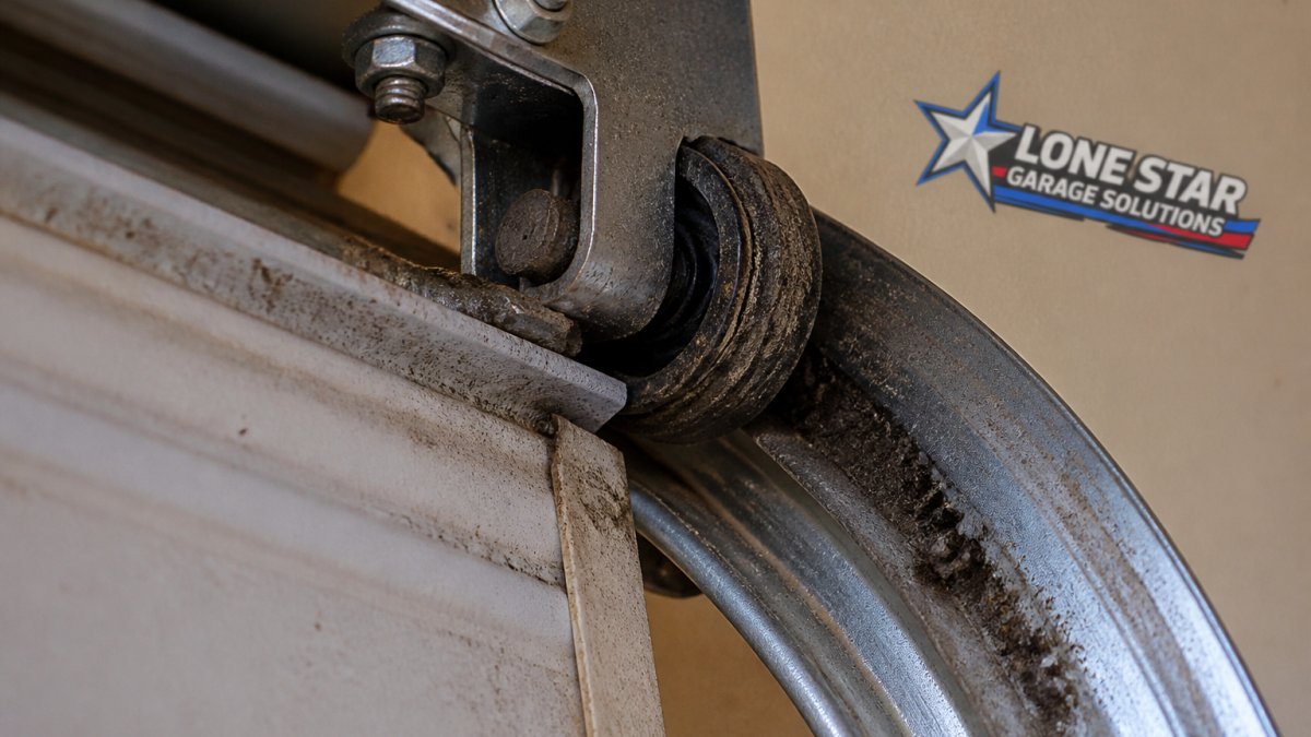 Close-up of garage door rollers and track hardware showing wear, rust, and dust buildup inside the track with natural overhead lighting