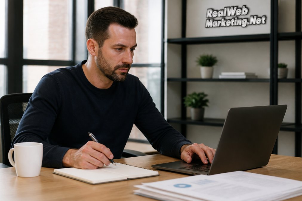 Marketing professional analyzing Google Ads clicks data on a laptop at a desk
