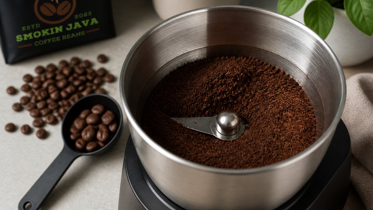 Close-up of freshly ground coffee in a stainless steel electric grinder bowl, with a small pile of whole beans and a scoop beside it on a kitchen counter