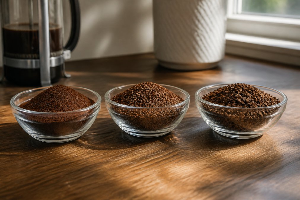 Close-up of three small glass bowls on a wooden counter, each holding different coffee grounds: fine like table salt, medium like granulated sugar, and coarse like breadcrumbs, with soft morning light from a window